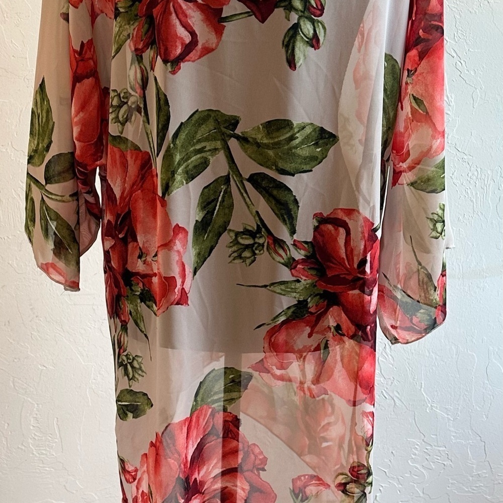 Tan with Red Roses Floral Sheer Bell Sleeves Kimono Swimsuit Cover-Up - Picture 6 of 10